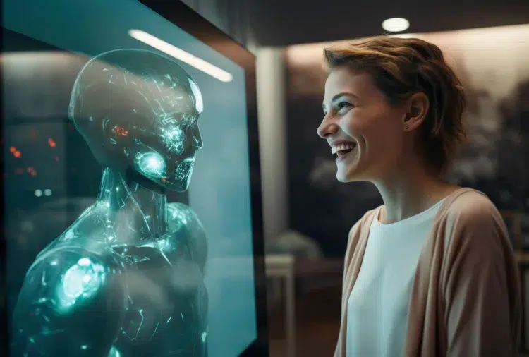 A woman looking at an AI face